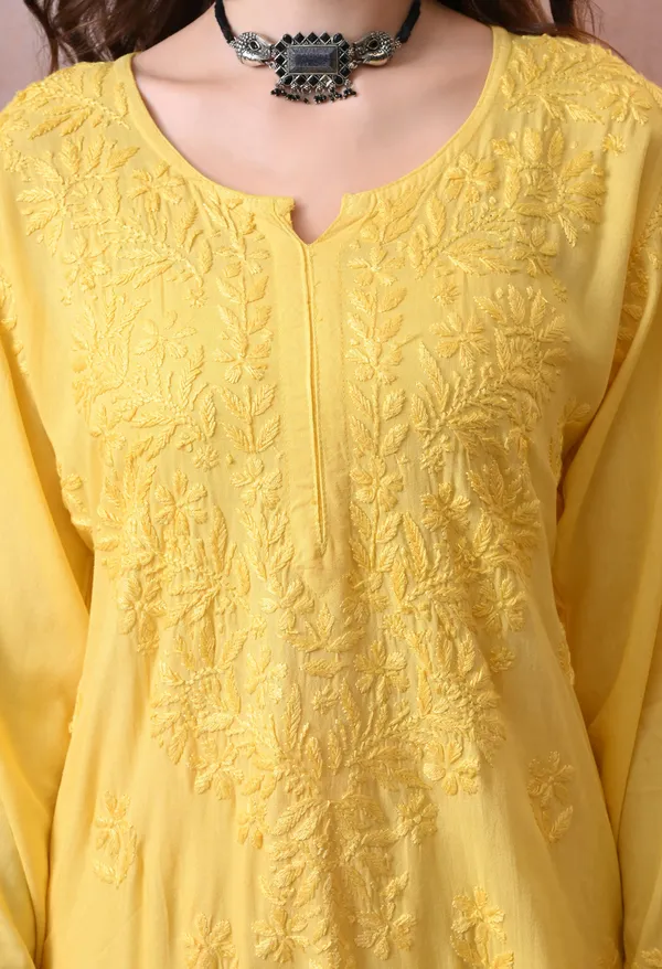 Syrish_Hand_EmbroideYellow_Chikankari_Rayon_Kurta_Pant_Set_Yellow