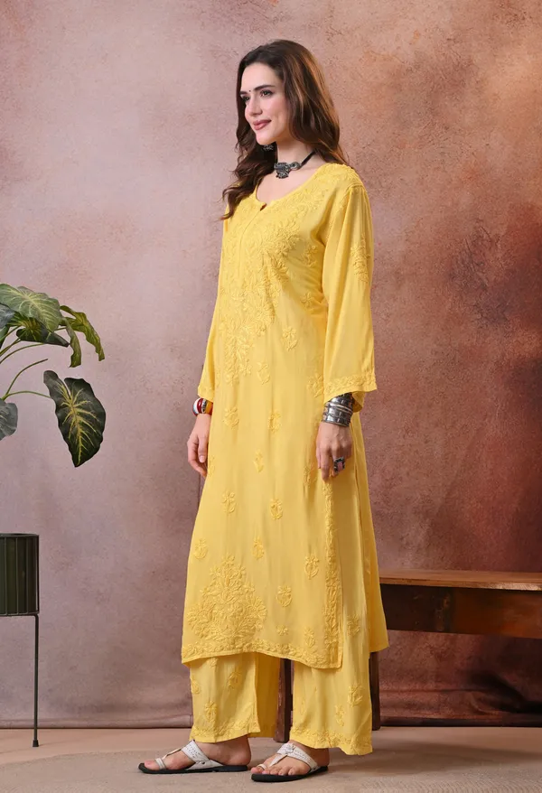 Syrish_Hand_EmbroideYellow_Chikankari_Rayon_Kurta_Pant_Set_Yellow
