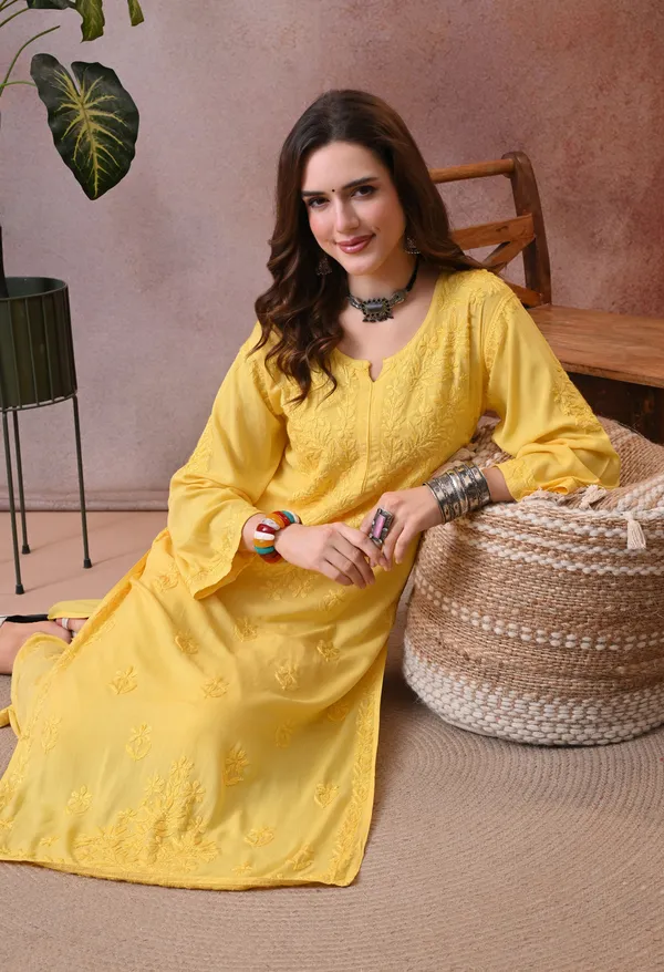 Syrish_Hand_EmbroideYellow_Chikankari_Rayon_Kurta_Pant_Set_Yellow