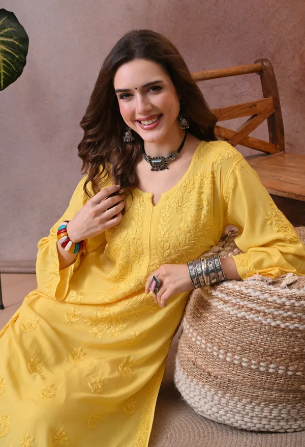 Syrish_Hand_EmbroideYellow_Chikankari_Rayon_Kurta_Pant_Set_Yellow