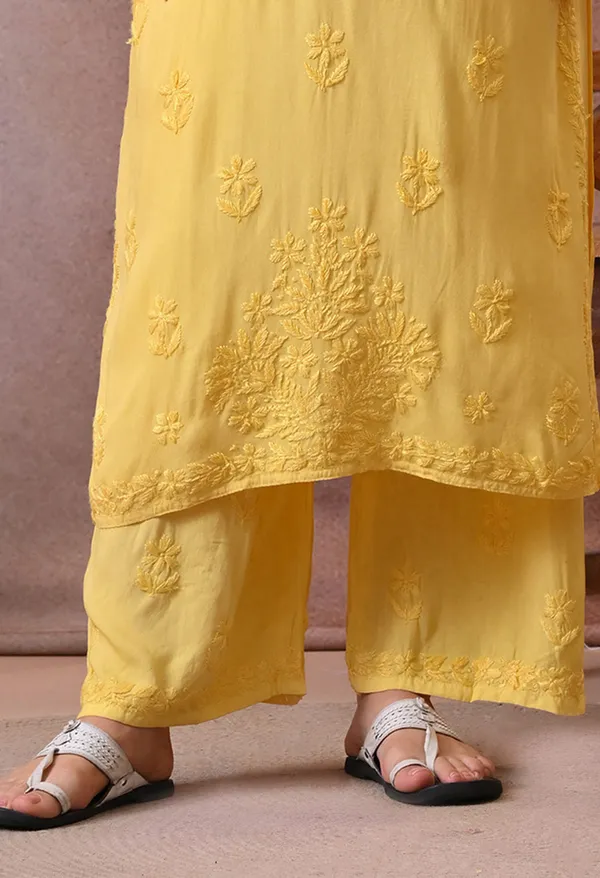 Syrish_Hand_EmbroideYellow_Chikankari_Rayon_Kurta_Pant_Set_Yellow