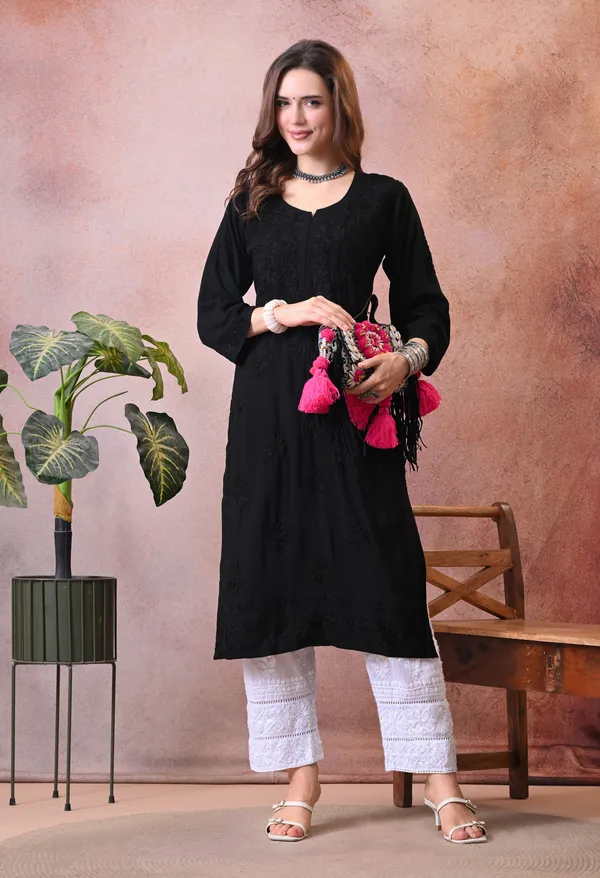 Syrish_Black_Hand_Embroidered_Lucknowi_Chikankari_Rayon_Kurta