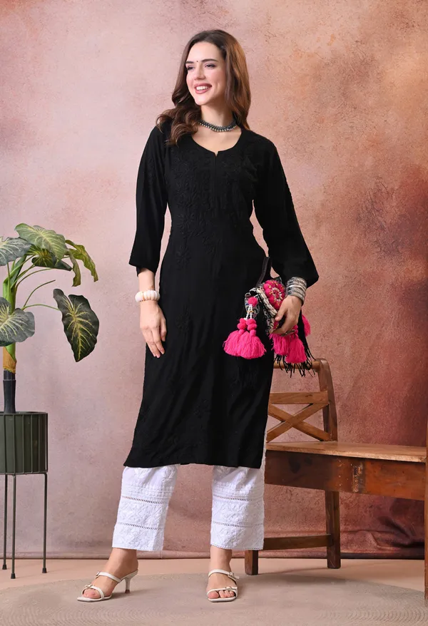 Syrish_Black_Hand_Embroidered_Lucknowi_Chikankari_Rayon_Kurta