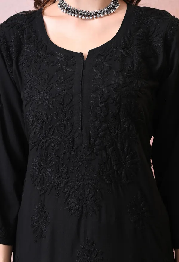 Syrish_Black_Hand_Embroidered_Lucknowi_Chikankari_Rayon_Kurta