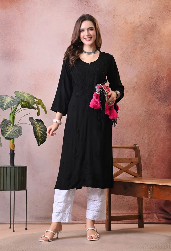 Syrish_Black_Hand_Embroidered_Lucknowi_Chikankari_Rayon_Kurta