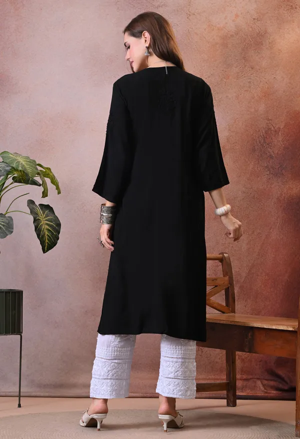 Syrish_Black_Hand_Embroidered_Lucknowi_Chikankari_Rayon_Kurta
