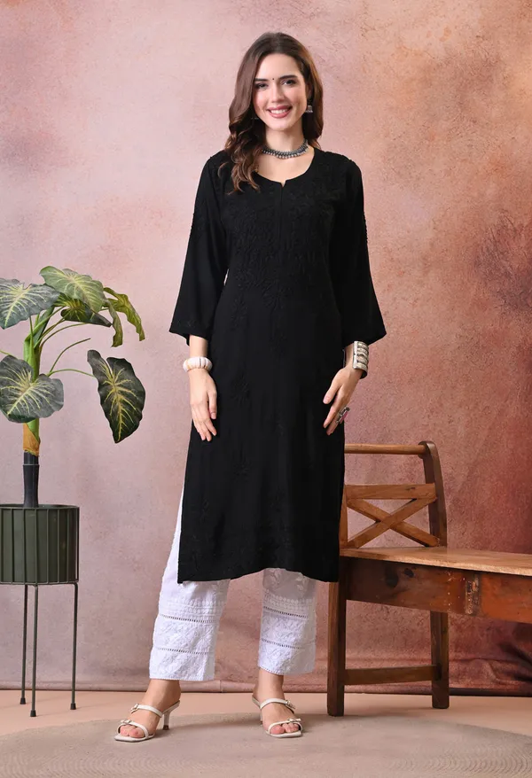 Syrish_Black_Hand_Embroidered_Lucknowi_Chikankari_Rayon_Kurta