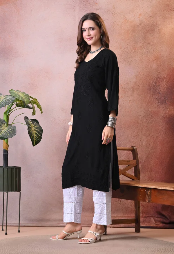 Syrish_Black_Hand_Embroidered_Lucknowi_Chikankari_Rayon_Kurta