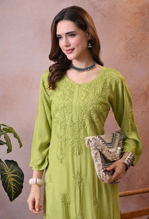 Syrish_Green_Hand_Embroidered_Lucknowi_Chikankari_Rayon_Kurta