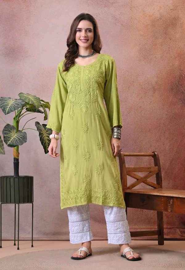 Syrish_Green_Hand_Embroidered_Lucknowi_Chikankari_Rayon_Kurta