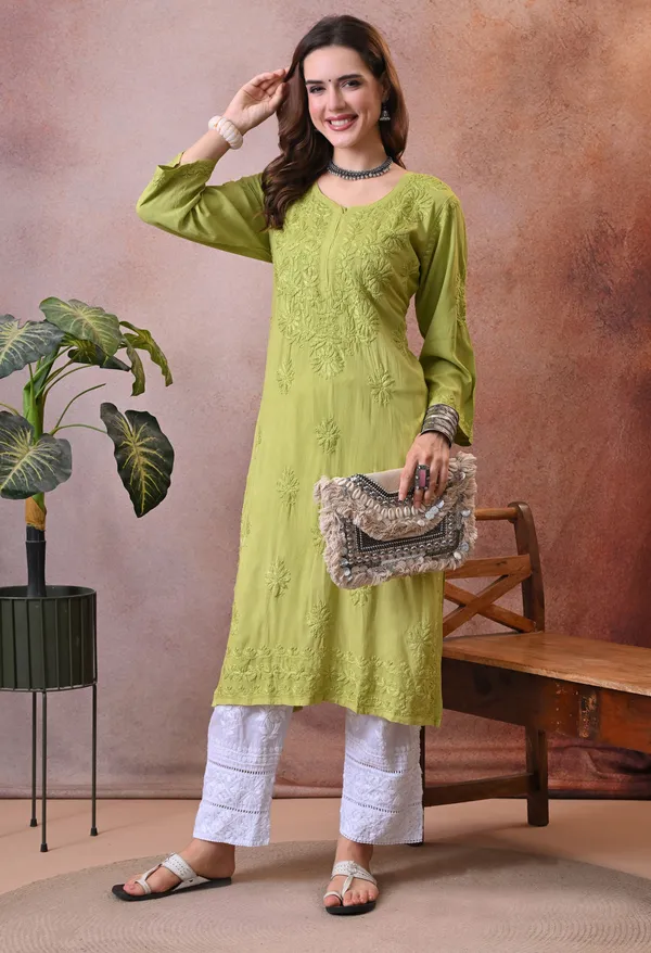 Syrish_Green_Hand_Embroidered_Lucknowi_Chikankari_Rayon_Kurta