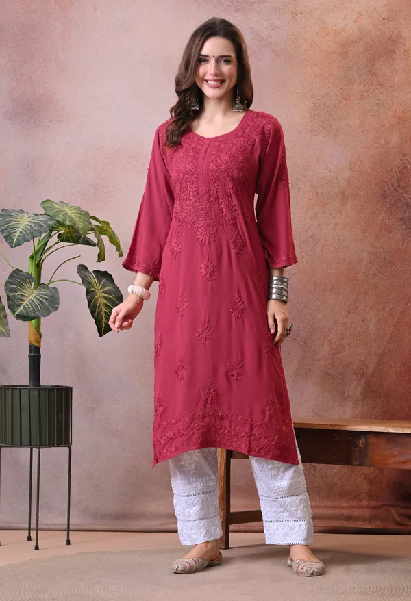 Syrish_Maroon_Hand_Embroidered_Lucknowi_Chikankari_Rayon_Kurta