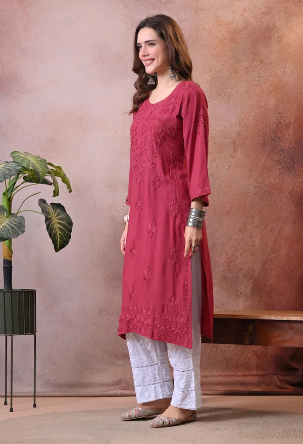 Syrish_Maroon_Hand_Embroidered_Lucknowi_Chikankari_Rayon_Kurta