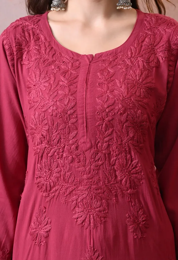 Syrish_Maroon_Hand_Embroidered_Lucknowi_Chikankari_Rayon_Kurta