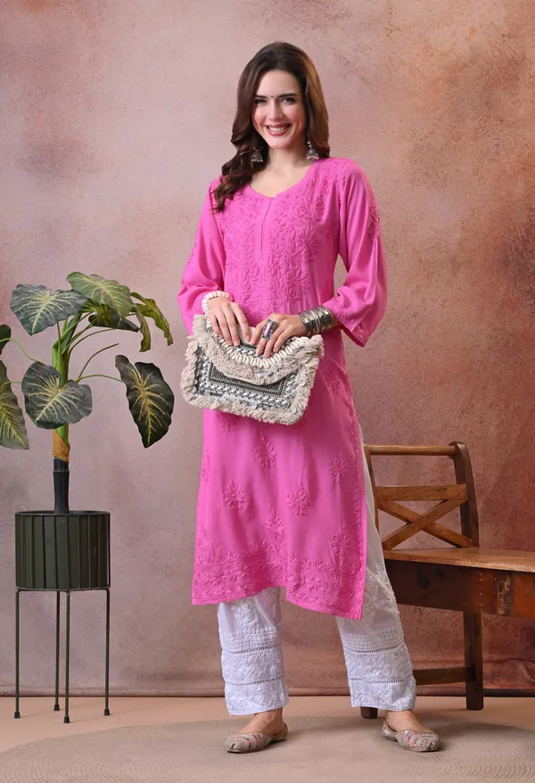 Syrish_Pink_Hand_Embroidered_Lucknowi_Chikankari_Rayon_Kurta