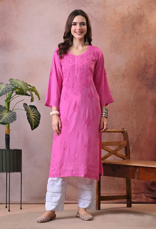 Syrish_Pink_Hand_Embroidered_Lucknowi_Chikankari_Rayon_Kurta