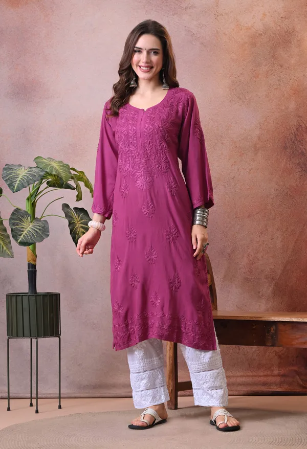 Syrish_Wine_Hand_Embroidered_Lucknowi_Chikankari_Rayon_Kurta