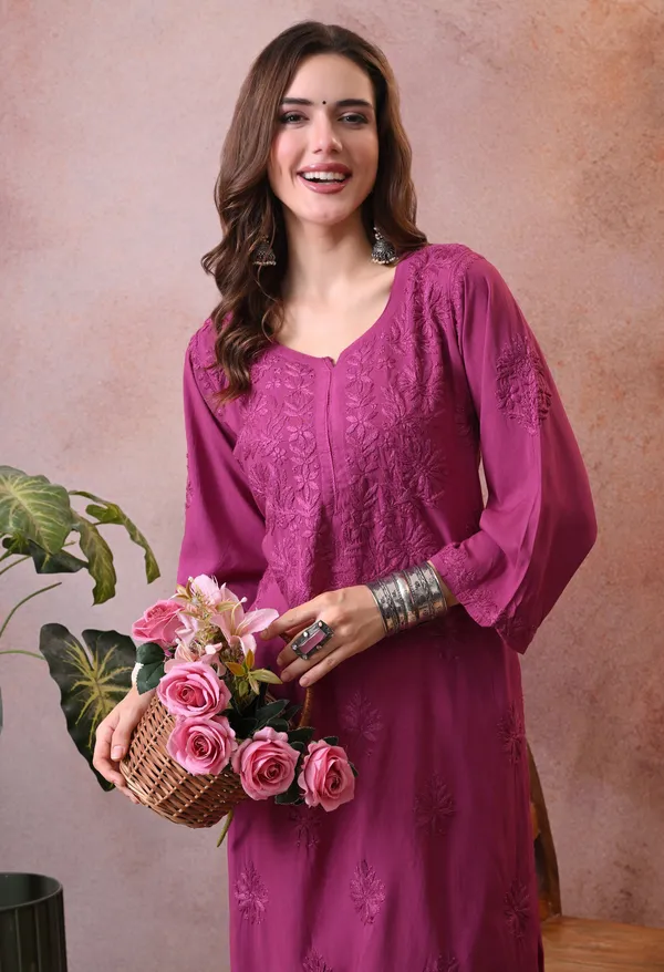 Syrish_Wine_Hand_Embroidered_Lucknowi_Chikankari_Rayon_Kurta