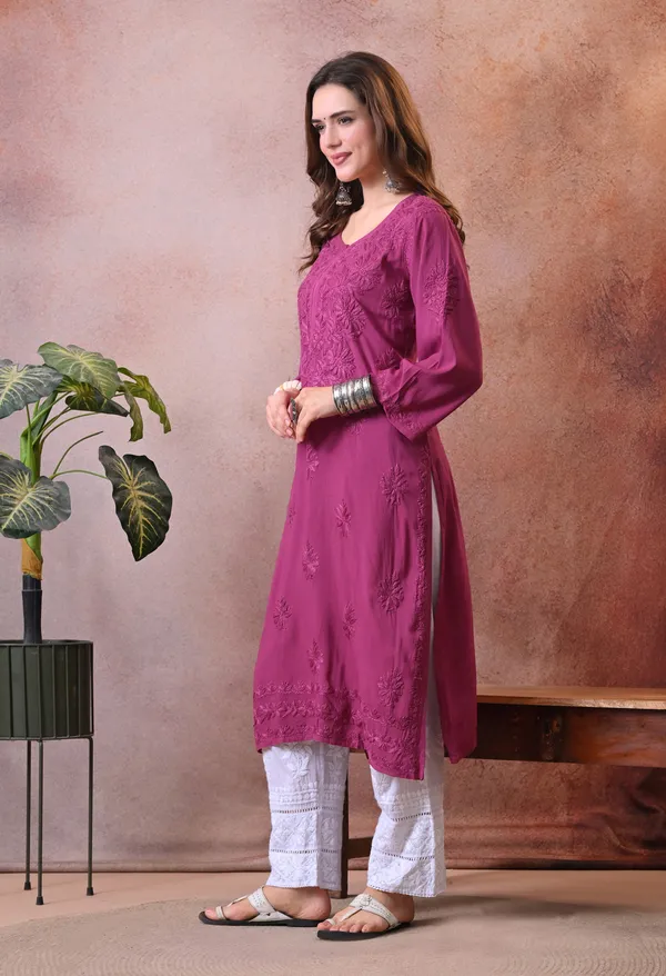 Syrish_Wine_Hand_Embroidered_Lucknowi_Chikankari_Rayon_Kurta