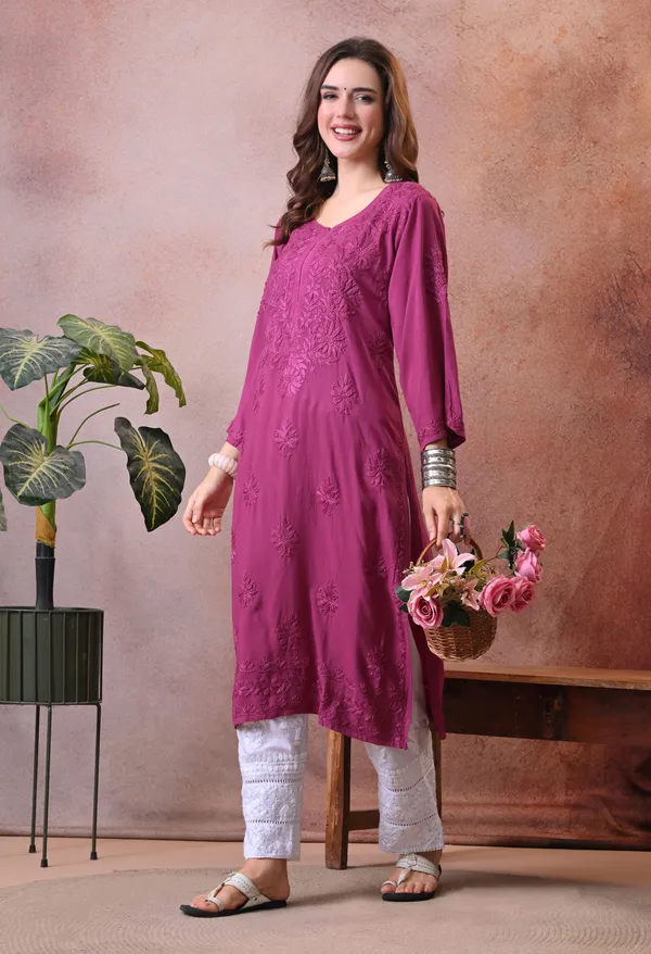 Syrish_Wine_Hand_Embroidered_Lucknowi_Chikankari_Rayon_Kurta