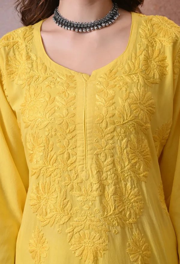Syrish_Yellow_Hand_Embroidered_Lucknowi_Chikankari_Rayon_Kurta