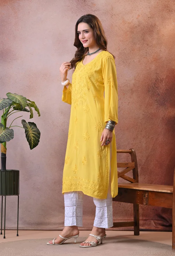 Syrish_Yellow_Hand_Embroidered_Lucknowi_Chikankari_Rayon_Kurta