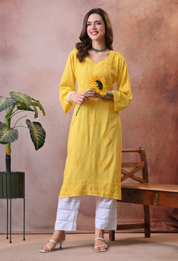 Syrish_Yellow_Hand_Embroidered_Lucknowi_Chikankari_Rayon_Kurta