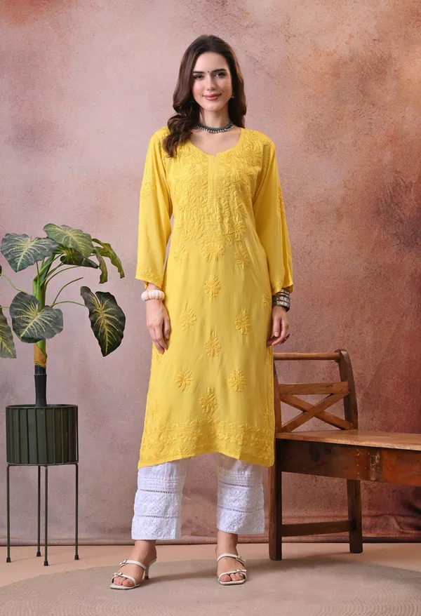 Syrish_Yellow_Hand_Embroidered_Lucknowi_Chikankari_Rayon_Kurta