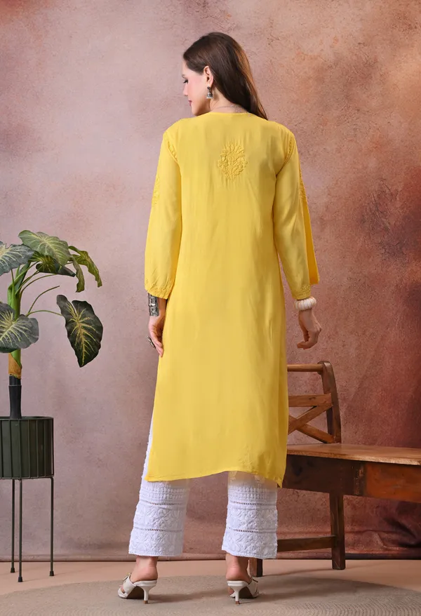 Syrish_Yellow_Hand_Embroidered_Lucknowi_Chikankari_Rayon_Kurta