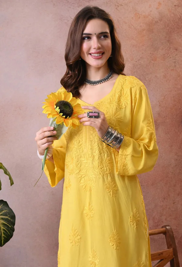 Syrish_Yellow_Hand_Embroidered_Lucknowi_Chikankari_Rayon_Kurta
