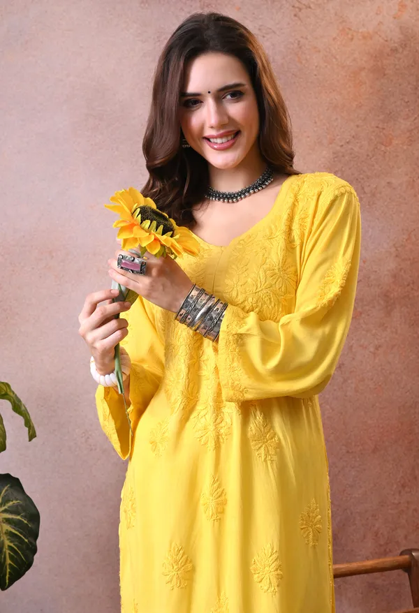 Syrish_Yellow_Hand_Embroidered_Lucknowi_Chikankari_Rayon_Kurta