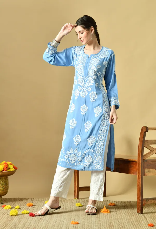 Blue_Rayon_Hand-Embroidered_Chikankari_Kurta_with_Elegant_White_Floral_Design