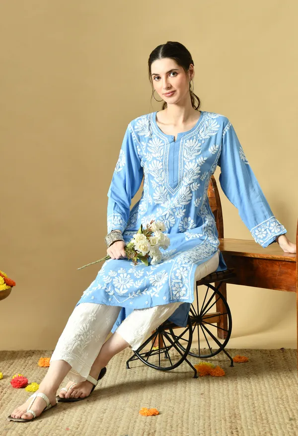 Blue_Rayon_Hand-Embroidered_Chikankari_Kurta_with_Elegant_White_Floral_Design