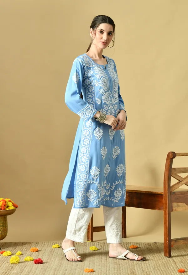 Blue_Rayon_Hand-Embroidered_Chikankari_Kurta_with_Elegant_White_Floral_Design