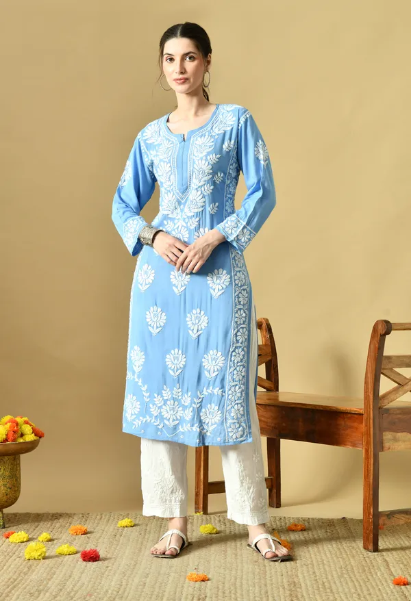 Blue_Rayon_Hand-Embroidered_Chikankari_Kurta_with_Elegant_White_Floral_Design