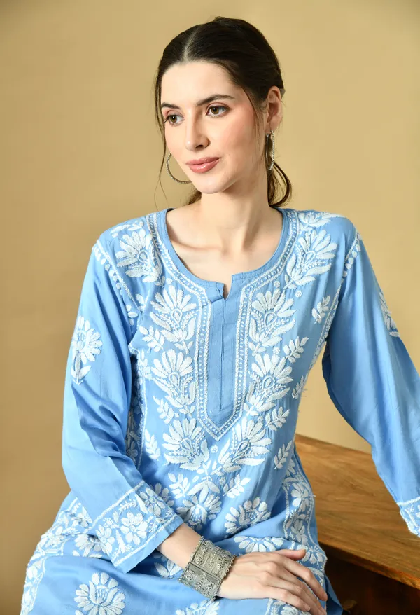 Blue_Rayon_Hand-Embroidered_Chikankari_Kurta_with_Elegant_White_Floral_Design
