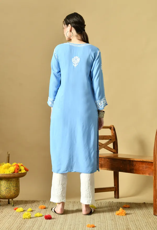 Blue_Rayon_Hand-Embroidered_Chikankari_Kurta_with_Elegant_White_Floral_Design