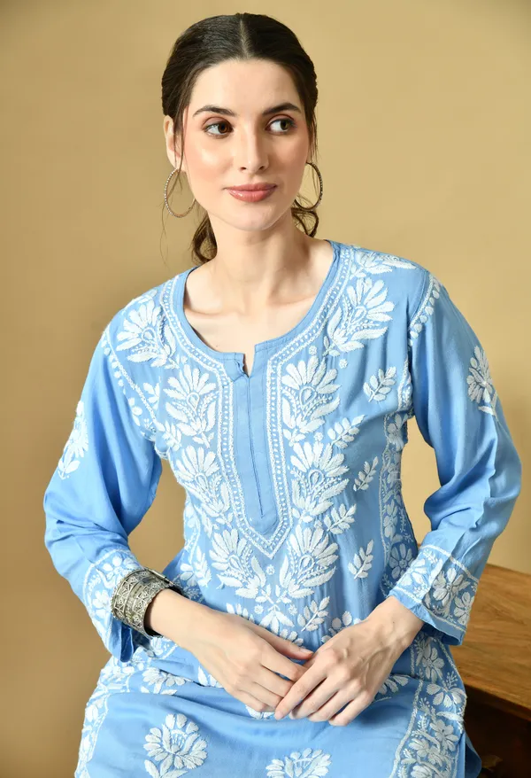 Blue_Rayon_Hand-Embroidered_Chikankari_Kurta_with_Elegant_White_Floral_Design