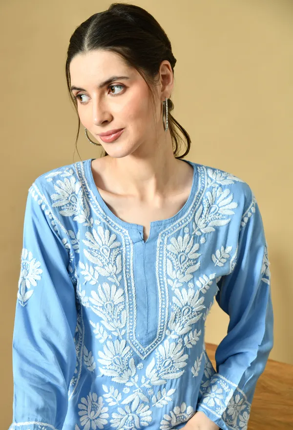 Blue_Rayon_Hand-Embroidered_Chikankari_Kurta_with_Elegant_White_Floral_Design
