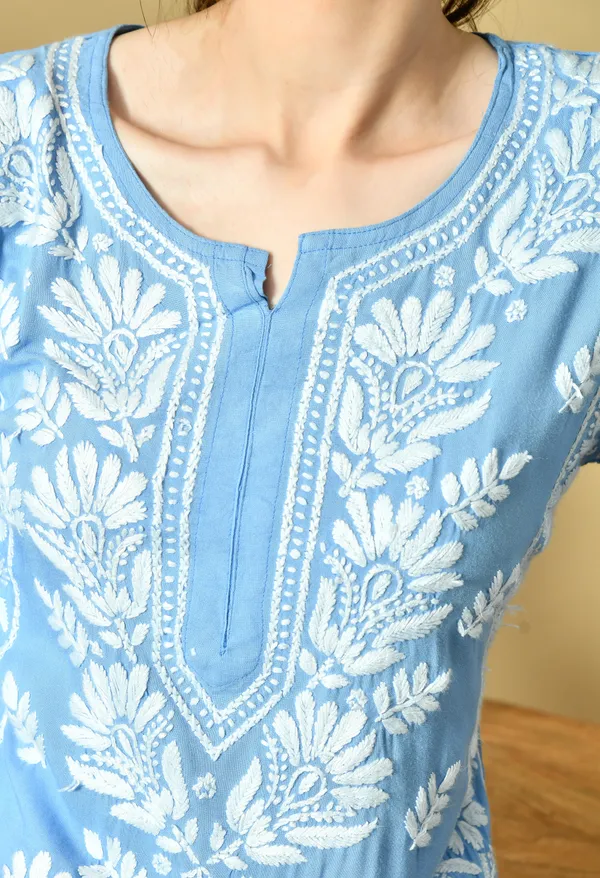 Blue_Rayon_Hand-Embroidered_Chikankari_Kurta_with_Elegant_White_Floral_Design