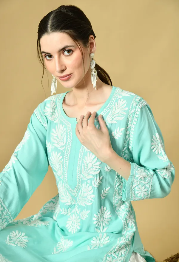 Bottle_Green_Rayon_Hand-Embroidered_Chikankari_Kurta_with_Elegant_White_Floral_Design