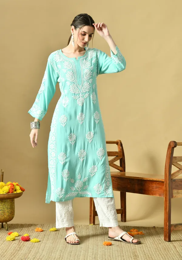 Bottle_Green_Rayon_Hand-Embroidered_Chikankari_Kurta_with_Elegant_White_Floral_Design