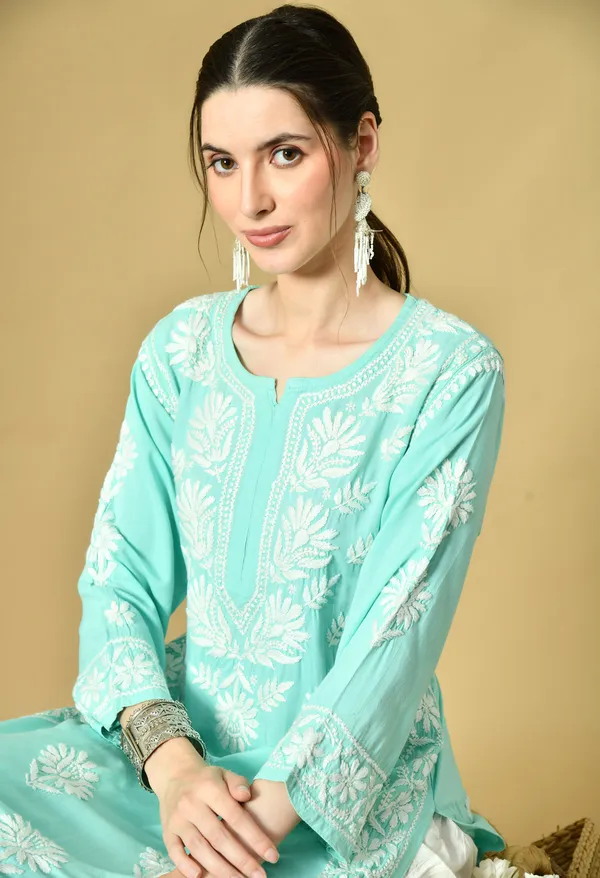 Bottle_Green_Rayon_Hand-Embroidered_Chikankari_Kurta_with_Elegant_White_Floral_Design