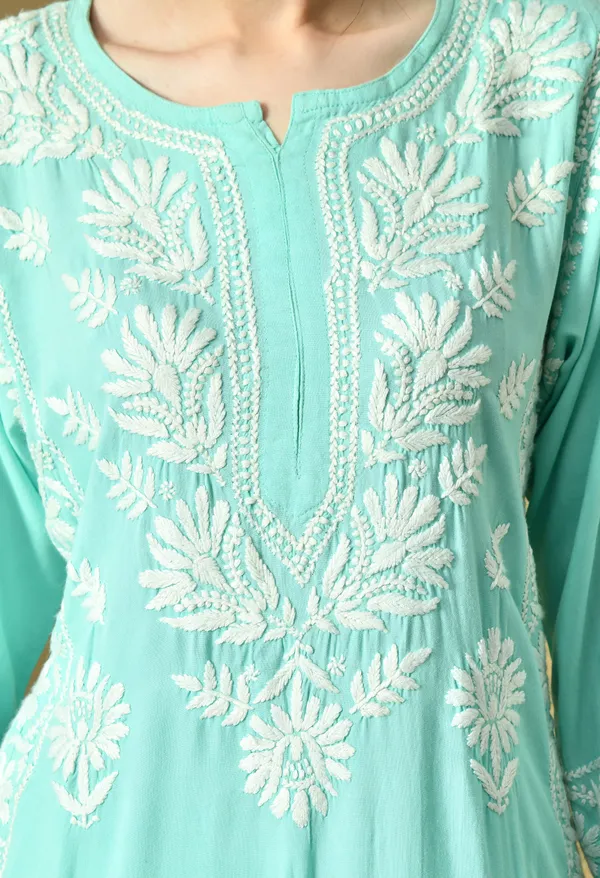 Bottle_Green_Rayon_Hand-Embroidered_Chikankari_Kurta_with_Elegant_White_Floral_Design