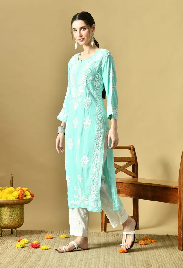 Bottle_Green_Rayon_Hand-Embroidered_Chikankari_Kurta_with_Elegant_White_Floral_Design