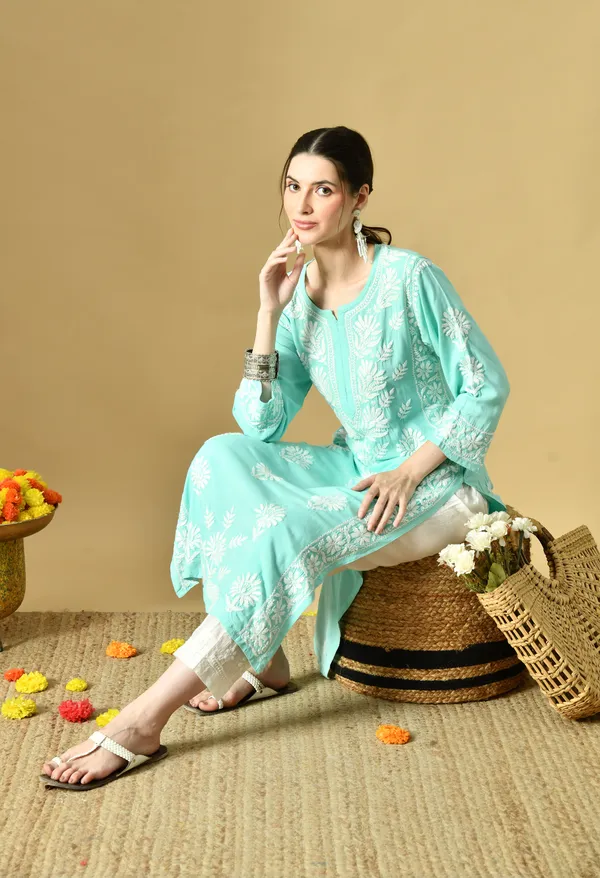 Bottle_Green_Rayon_Hand-Embroidered_Chikankari_Kurta_with_Elegant_White_Floral_Design