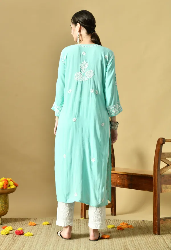 Bottle_Green_Rayon_Hand-Embroidered_Chikankari_Kurta_with_Elegant_White_Floral_Design