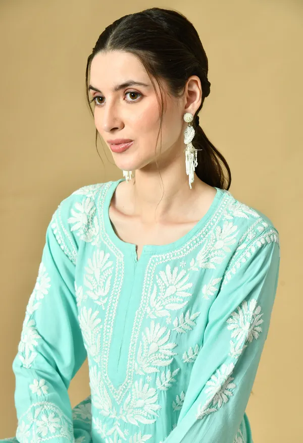 Bottle_Green_Rayon_Hand-Embroidered_Chikankari_Kurta_with_Elegant_White_Floral_Design