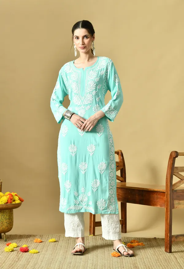 Bottle_Green_Rayon_Hand-Embroidered_Chikankari_Kurta_with_Elegant_White_Floral_Design