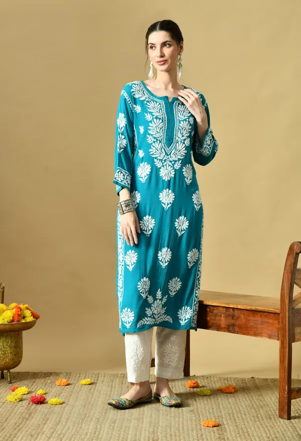 Firozi_Rayon_Hand-Embroidered_Chikankari_Kurta_with_Elegant_White_Floral_Design